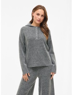 Vicasti Hoodie Boton Knitt Top Medium-grey