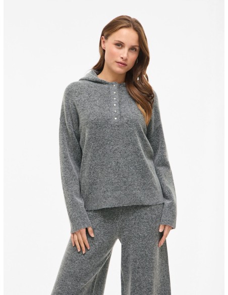 Vicasti Hoodie Boton Knitt Top Medium-grey
