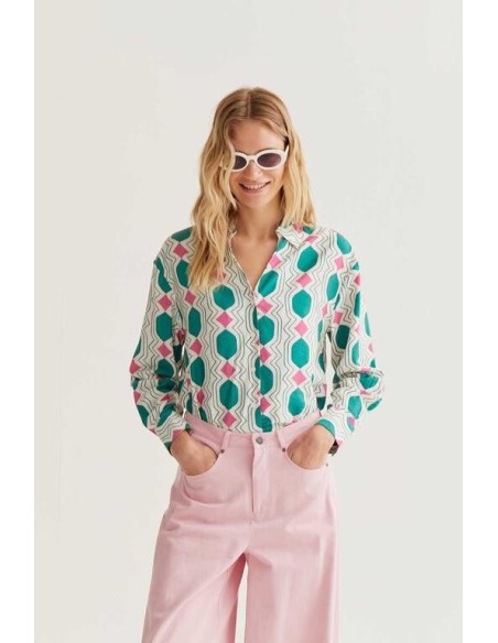 Camisa m/l Geometric verde/rosa